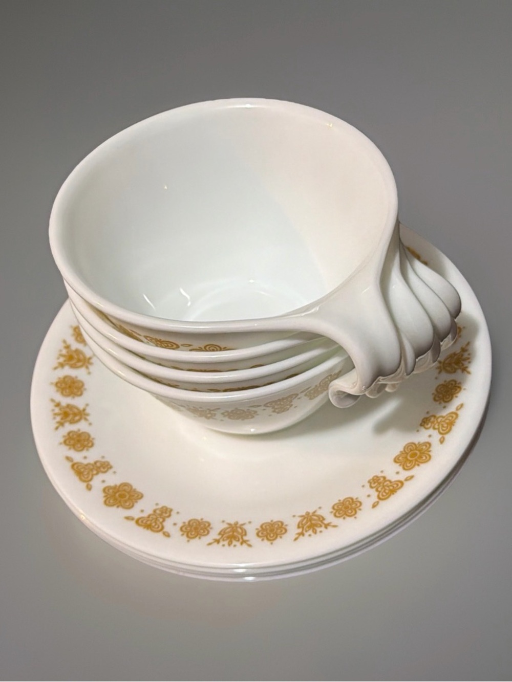 (4) Sets Vintage Corelle Butterfly Gold Cups Saucers 8 Pcs MCM 1970 Hook Handle